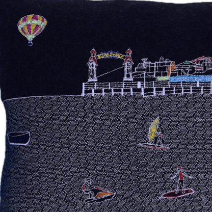 14" X 35" Dark Gray And White Ocean City Nighttime Skyline Lumbar Decorative Pillow