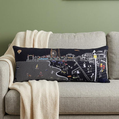 14" X 35" Dark Gray And White Ocean City Nighttime Skyline Lumbar Decorative Pillow