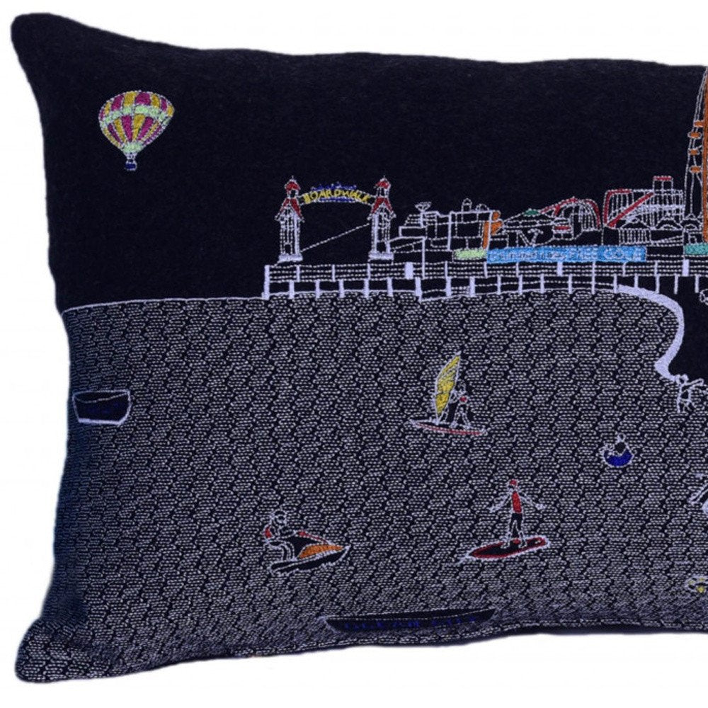 14" X 35" Dark Gray And White Ocean City Nighttime Skyline Lumbar Decorative Pillow