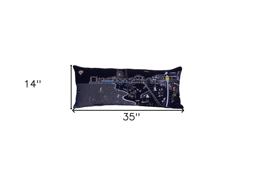 14" X 35" Dark Gray And White Ocean City Nighttime Skyline Lumbar Decorative Pillow