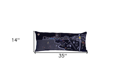14" X 35" Dark Gray And White Ocean City Nighttime Skyline Lumbar Decorative Pillow