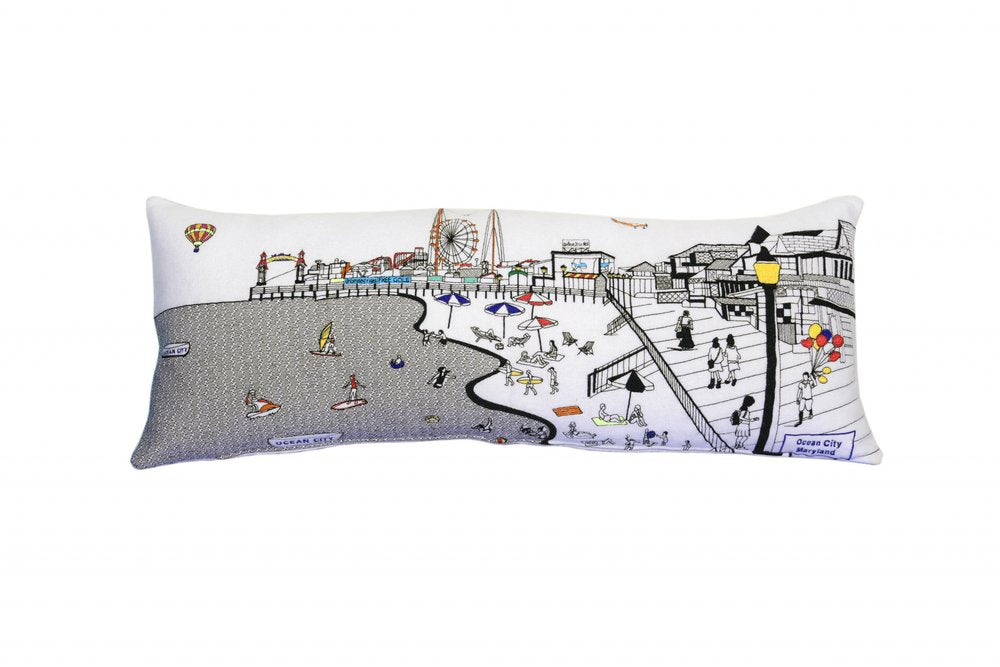 14" X 35" Cream Ocean City Daylight Skyline Lumbar Decorative Pillow