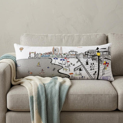 14" X 35" Cream Ocean City Daylight Skyline Lumbar Decorative Pillow