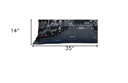 14" X 35" Dark Gray And White Paris Nighttime Skyline Lumbar Decorative Pillow