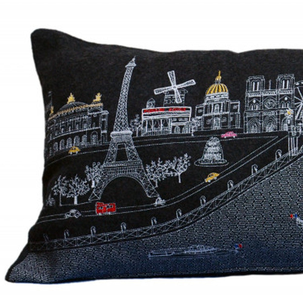 35" Black Paris Nighttime Skyline Standard Lumbar Decorative Pillow