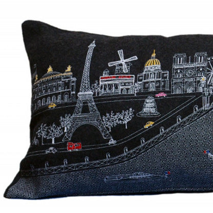 14" X 35" Dark Gray And White Paris Nighttime Skyline Lumbar Decorative Pillow