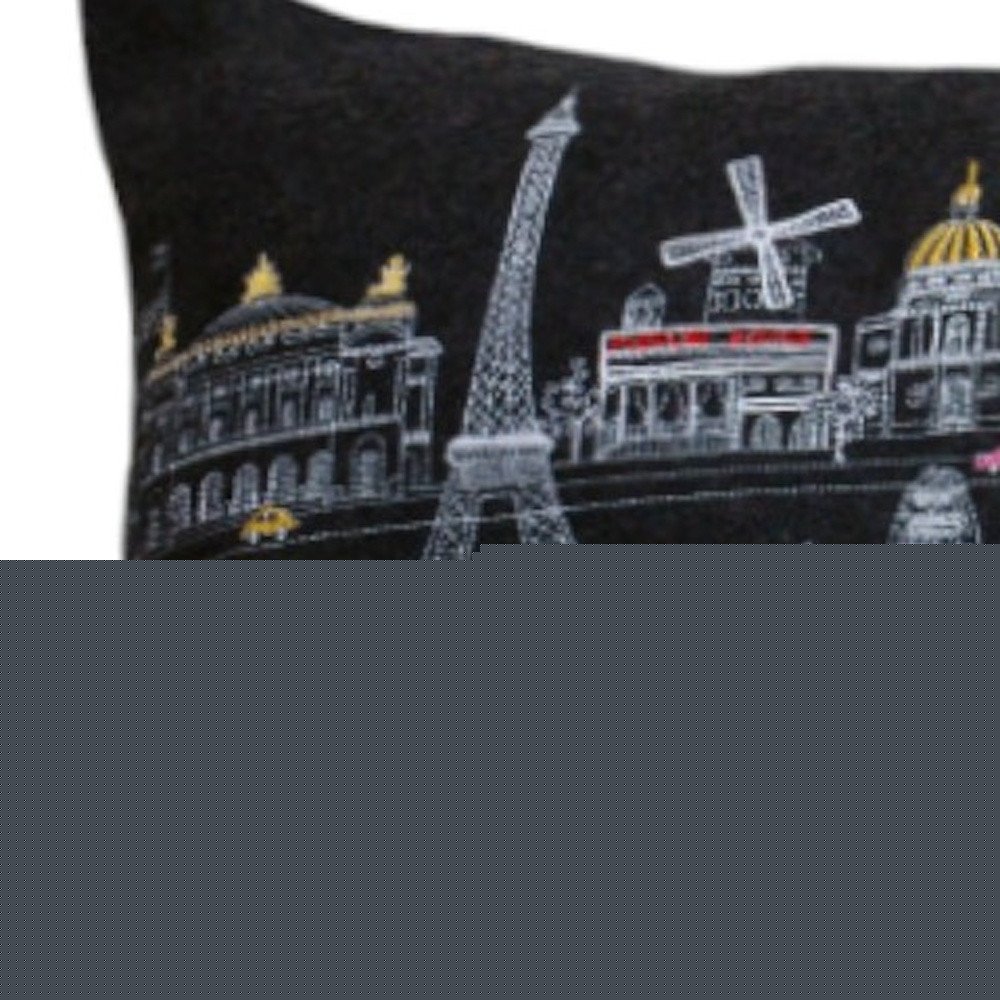 14" X 35" Dark Gray And White Paris Nighttime Skyline Lumbar Decorative Pillow