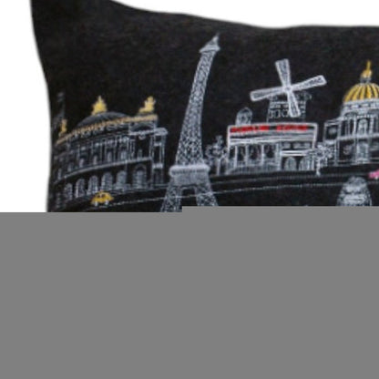 14" X 35" Dark Gray And White Paris Nighttime Skyline Lumbar Decorative Pillow