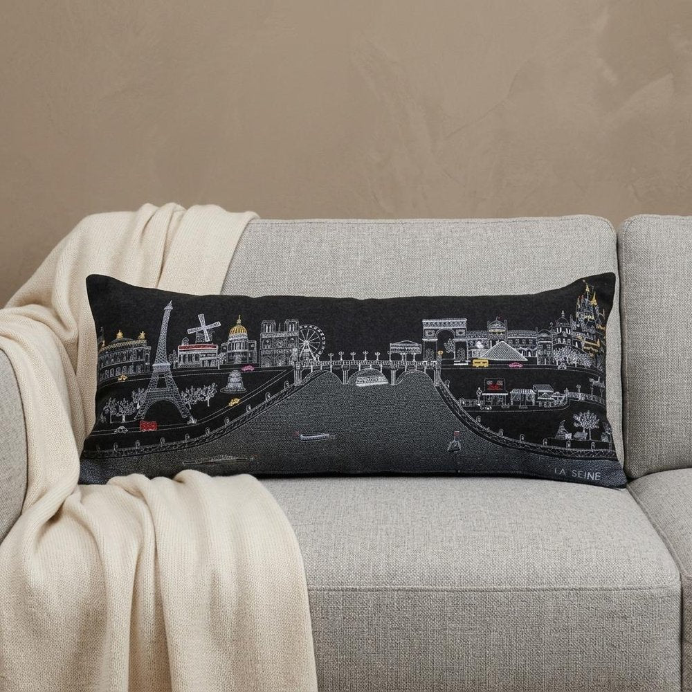 14" X 35" Dark Gray And White Paris Nighttime Skyline Lumbar Decorative Pillow