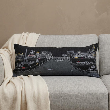 14" X 35" Dark Gray And White Paris Nighttime Skyline Lumbar Decorative Pillow