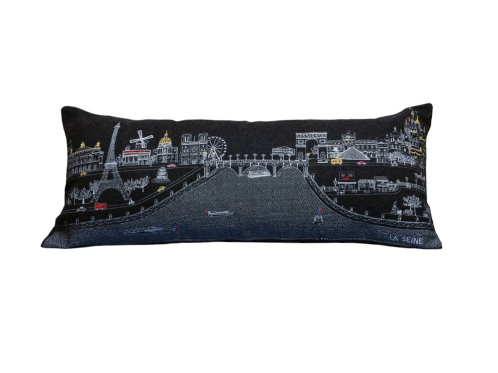 14" X 35" Dark Gray And White Paris Nighttime Skyline Lumbar Decorative Pillow