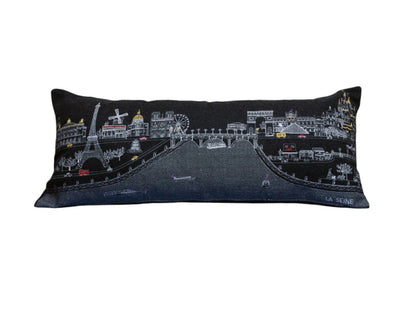 14" X 35" Dark Gray And White Paris Nighttime Skyline Lumbar Decorative Pillow