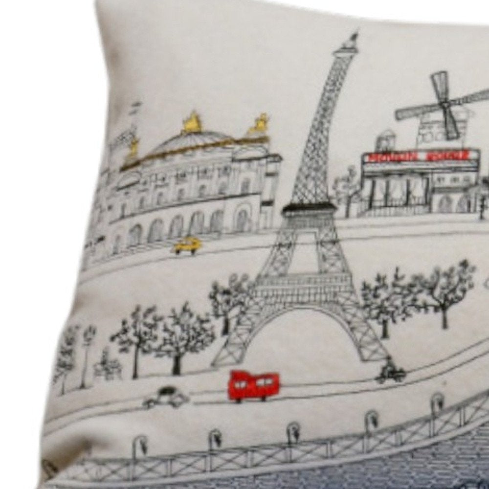 14" X 35" Cream Paris Daylight Skyline Lumbar Decorative Pillow
