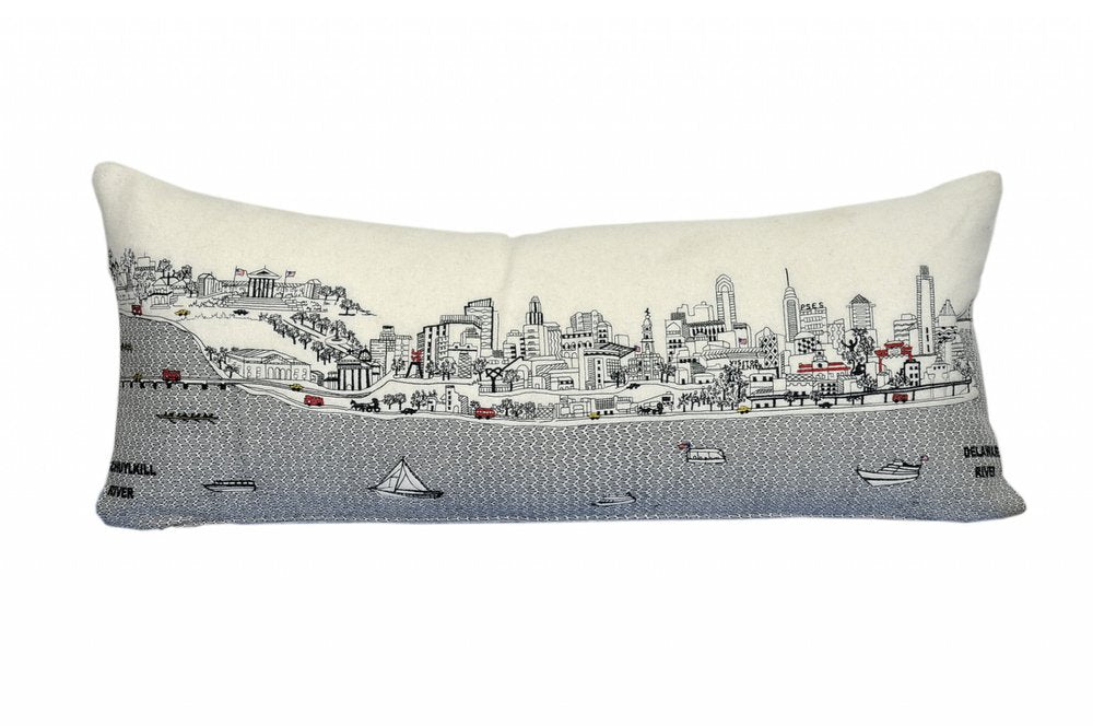 14" X 35" Cream Philadelphia Daylight Skyline Lumbar Decorative Pillow