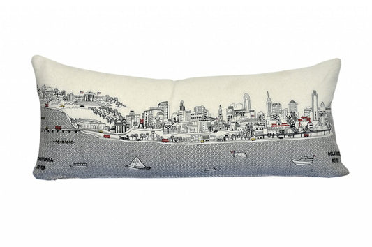 14" X 35" Cream Philadelphia Daylight Skyline Lumbar Decorative Pillow