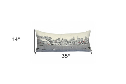 14" X 35" Cream Philadelphia Daylight Skyline Lumbar Decorative Pillow