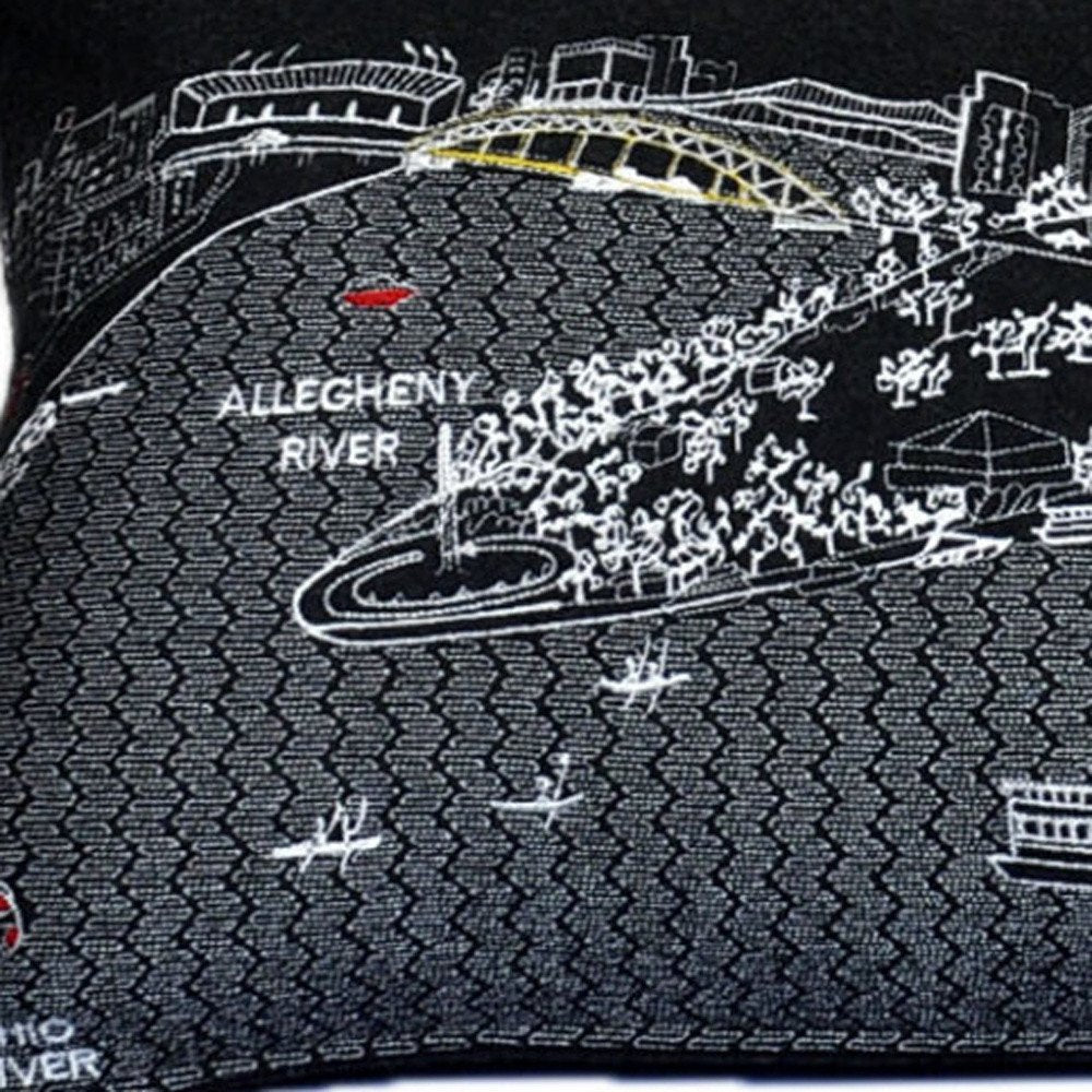 14" X 35" Dark Gray And White Pittsburgh Nighttime Skyline Lumbar Decorative Pillow