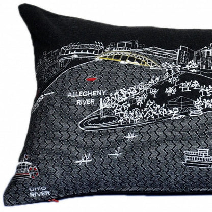 14" X 35" Dark Gray And White Pittsburgh Nighttime Skyline Lumbar Decorative Pillow