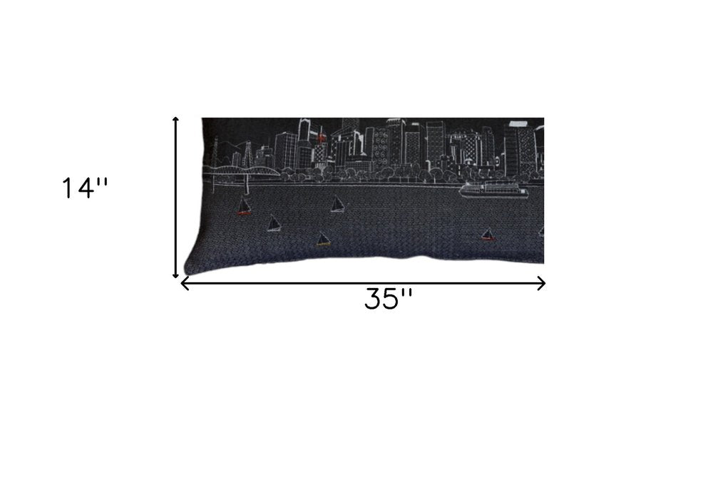 14" X 35" Dark Gray And White Portland Nighttime Skyline Lumbar Decorative Pillow