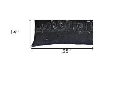 14" X 35" Dark Gray And White Portland Nighttime Skyline Lumbar Decorative Pillow