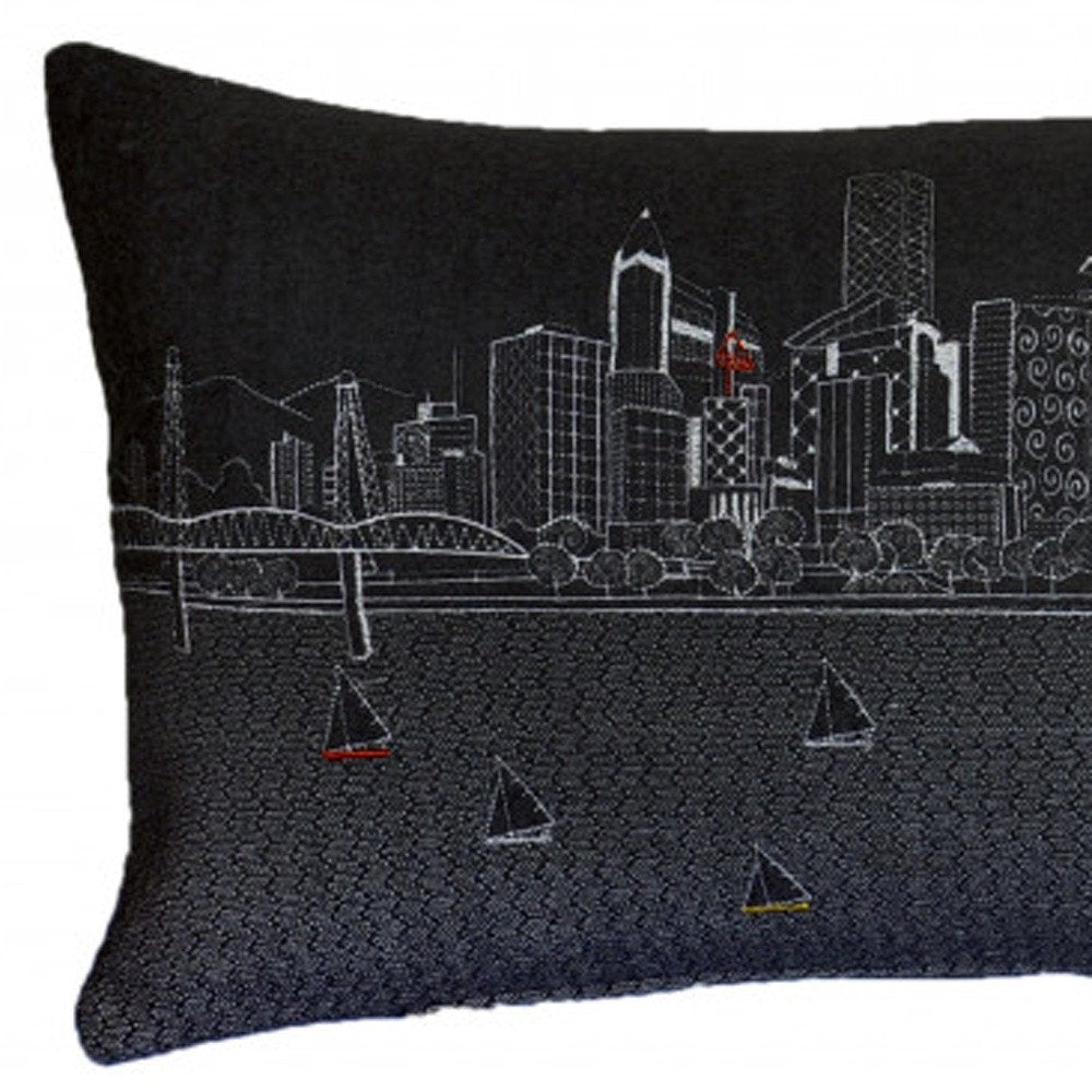 14" X 35" Dark Gray And White Portland Nighttime Skyline Lumbar Decorative Pillow