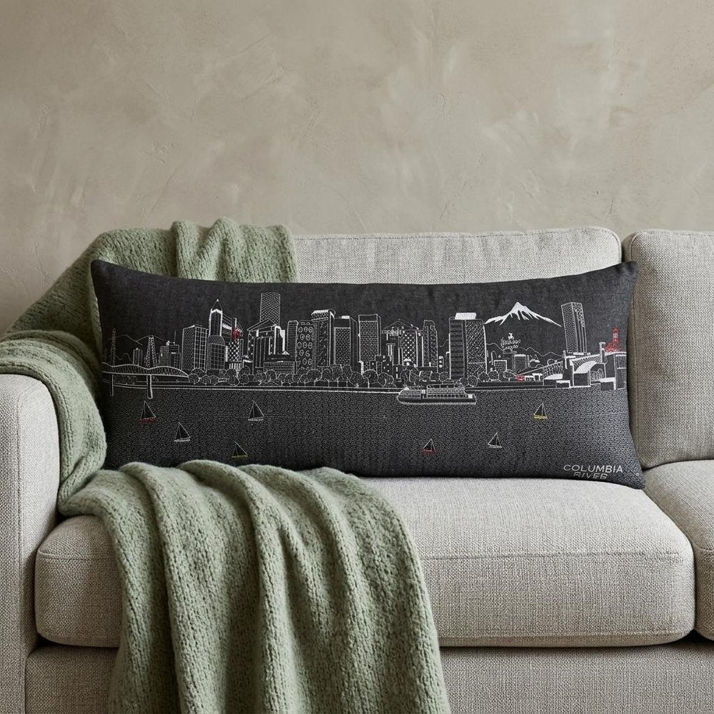 14" X 35" Dark Gray And White Portland Nighttime Skyline Lumbar Decorative Pillow