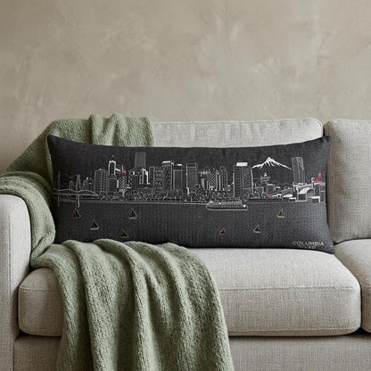 14" X 35" Dark Gray And White Portland Nighttime Skyline Lumbar Decorative Pillow