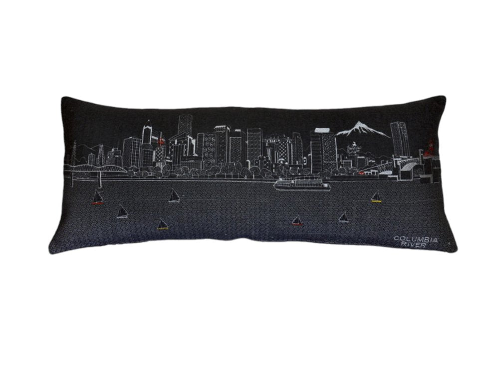 14" X 35" Dark Gray And White Portland Nighttime Skyline Lumbar Decorative Pillow
