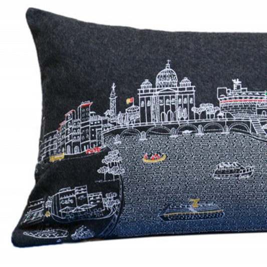 14" X 35" Black Gray and White Hometown Pride Wool Lumbar Throw Pillow