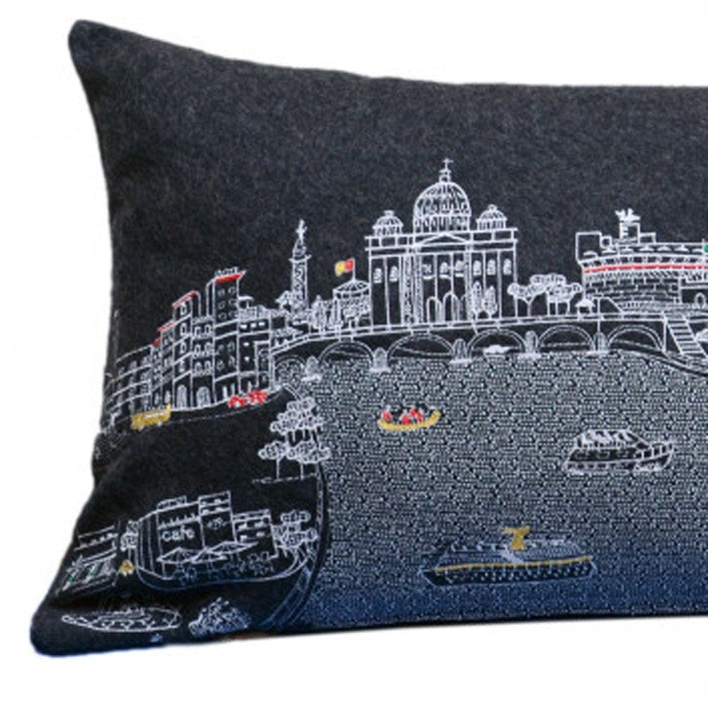 14" X 35" Dark Gray And White Rome Nighttime Skyline Lumbar Decorative Pillow