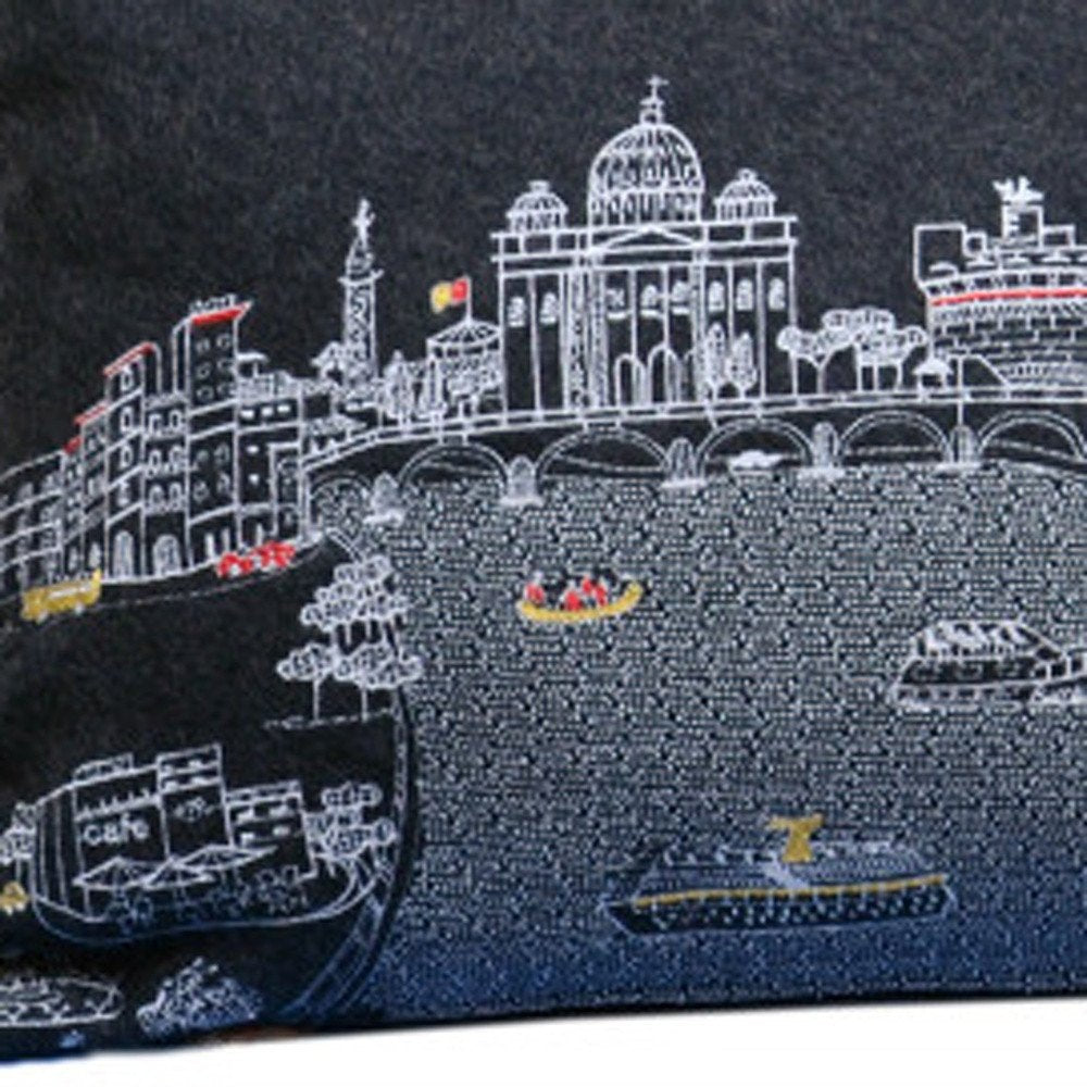 14" X 35" Dark Gray And White Rome Nighttime Skyline Lumbar Decorative Pillow