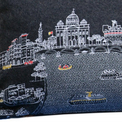 14" X 35" Dark Gray And White Rome Nighttime Skyline Lumbar Decorative Pillow