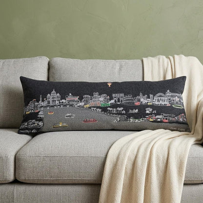 14" X 35" Dark Gray And White Rome Nighttime Skyline Lumbar Decorative Pillow