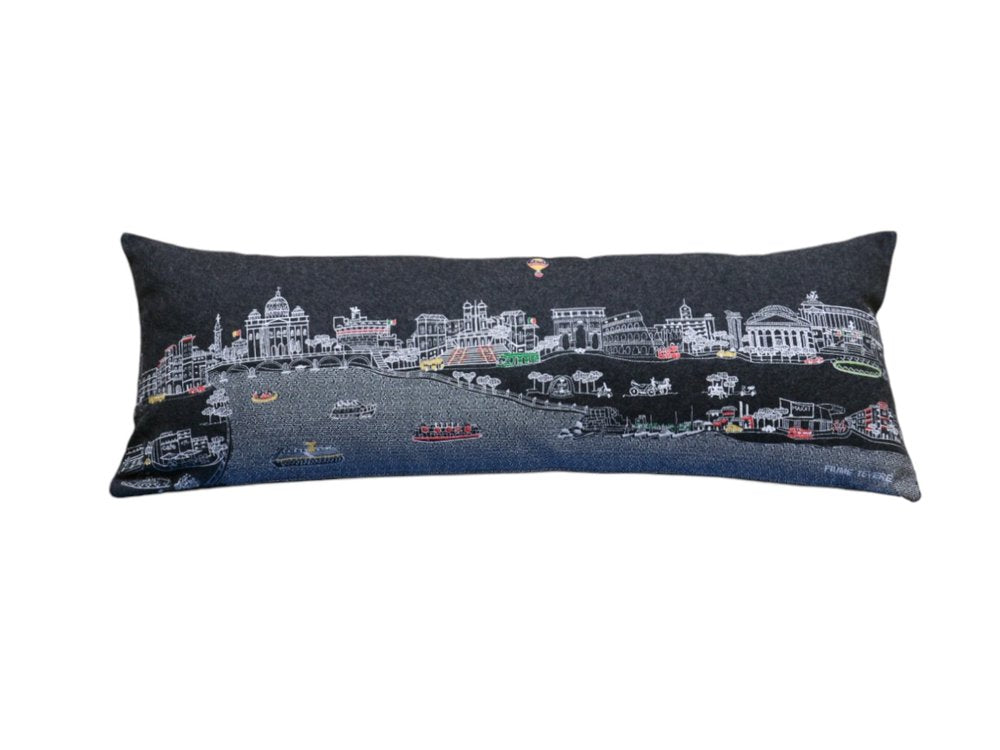 14" X 35" Dark Gray And White Rome Nighttime Skyline Lumbar Decorative Pillow