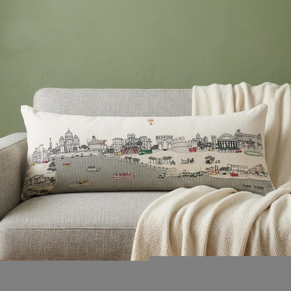 14" X 35" Cream Rome Daylight Skyline Lumbar Decorative Pillow