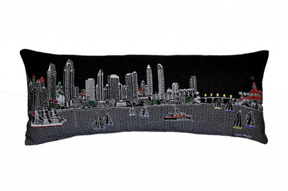 14" X 35" Dark Gray And White San Diego Nighttime Skyline Lumbar Decorative Pillow