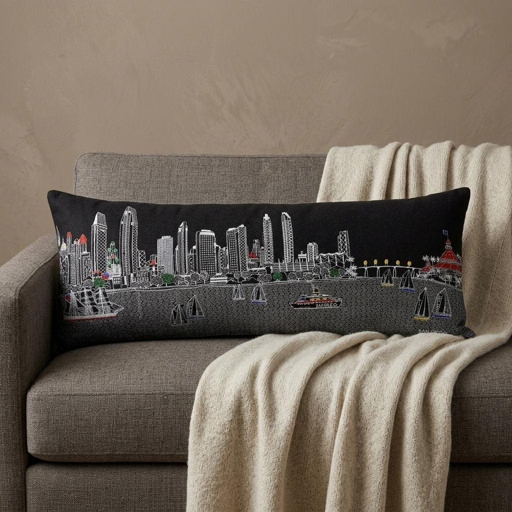 14" X 35" Dark Gray And White San Diego Nighttime Skyline Lumbar Decorative Pillow