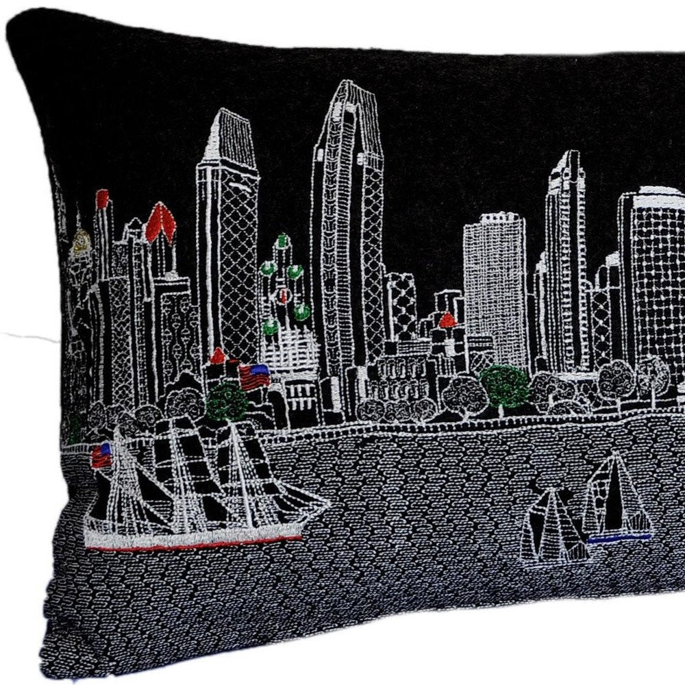 14" X 35" Dark Gray And White San Diego Nighttime Skyline Lumbar Decorative Pillow
