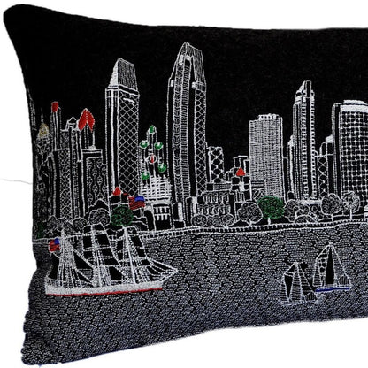 14" X 35" Dark Gray And White San Diego Nighttime Skyline Lumbar Decorative Pillow