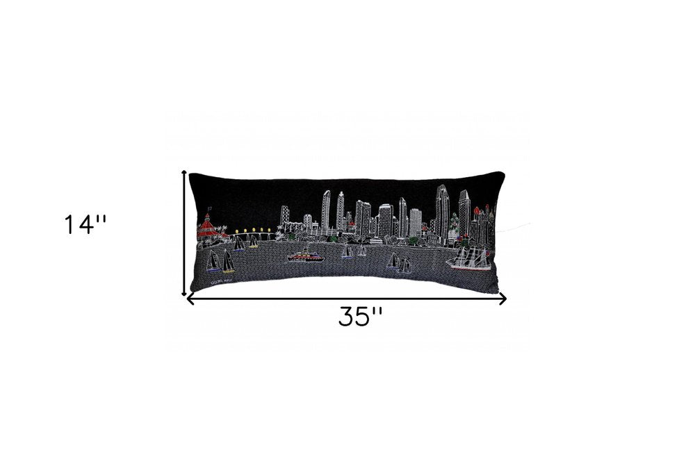 14" X 35" Dark Gray And White San Diego Nighttime Skyline Lumbar Decorative Pillow