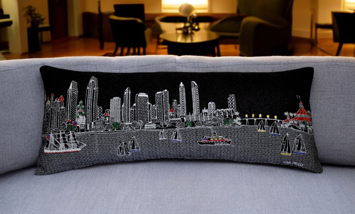 35" Black San Diego Nighttime Skyline Lumbar Decorative Pillow