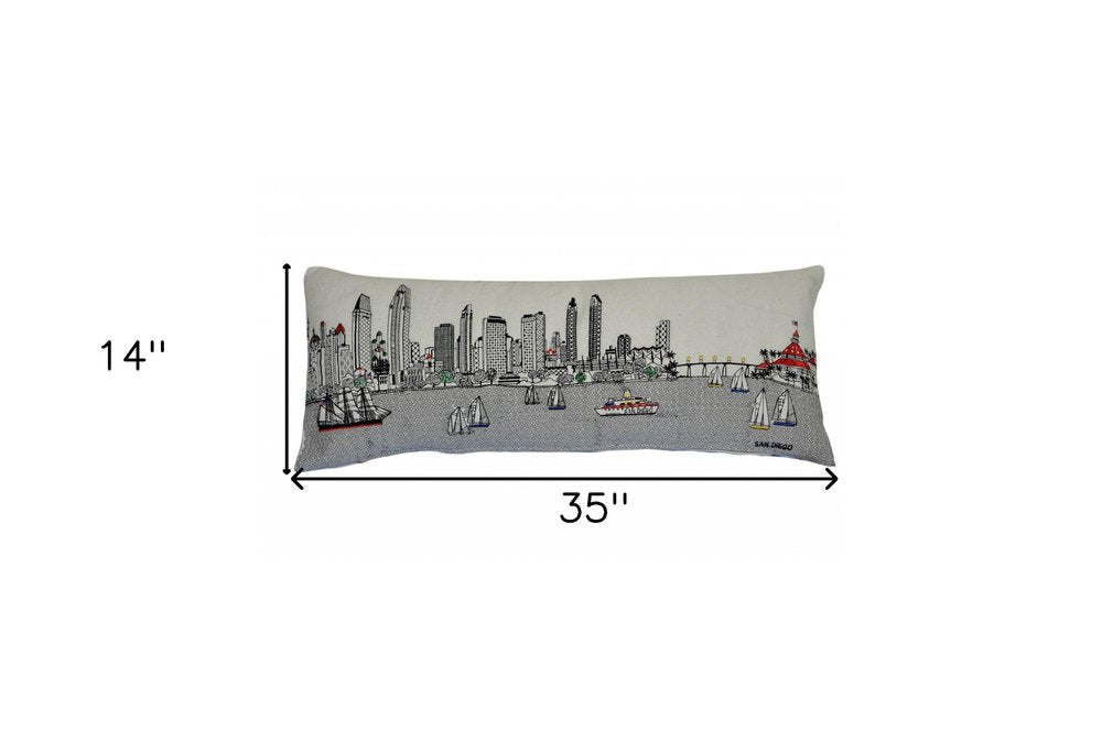 14" X 35" Cream San Diego Daylight Skyline Lumbar Decorative Pillow