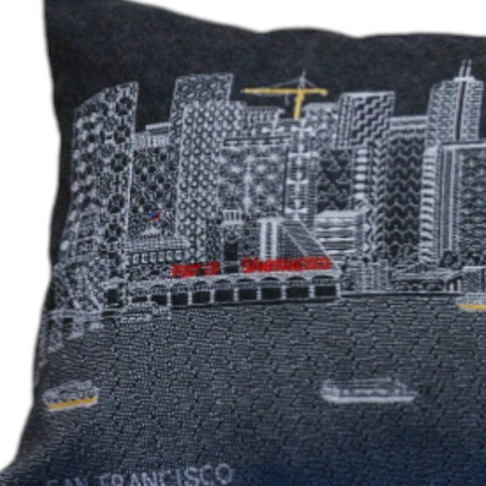 14" X 35" Dark Gray And White San Francisco Nighttime Skyline Lumbar Decorative Pillow
