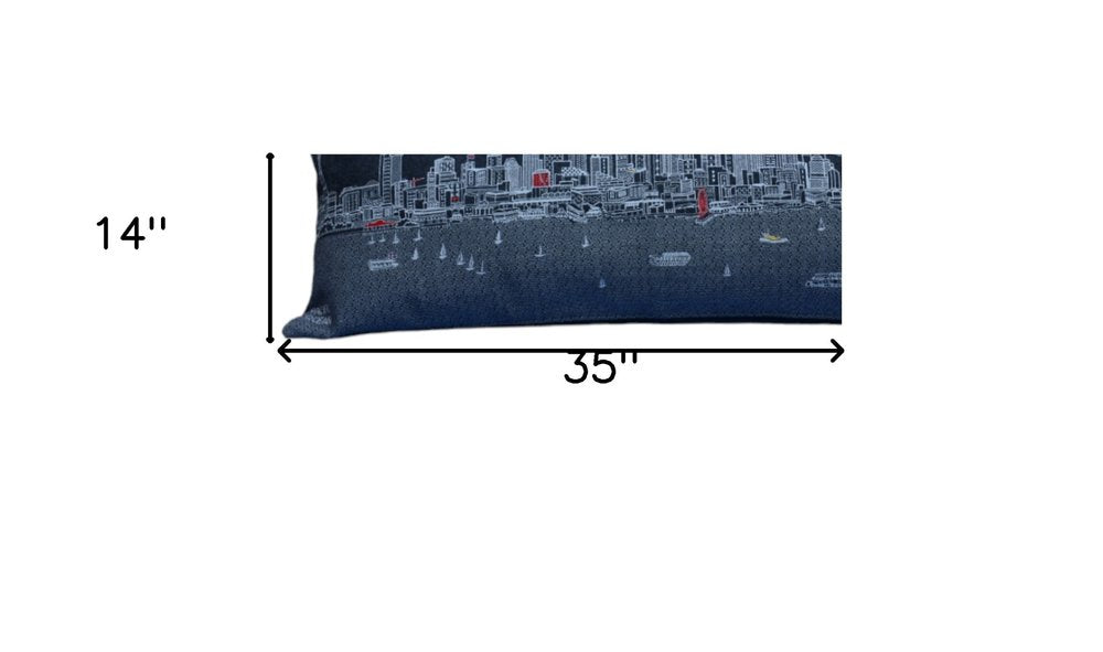 14" X 35" Dark Gray And White Seattle Nighttime Skyline Lumbar Decorative Pillow