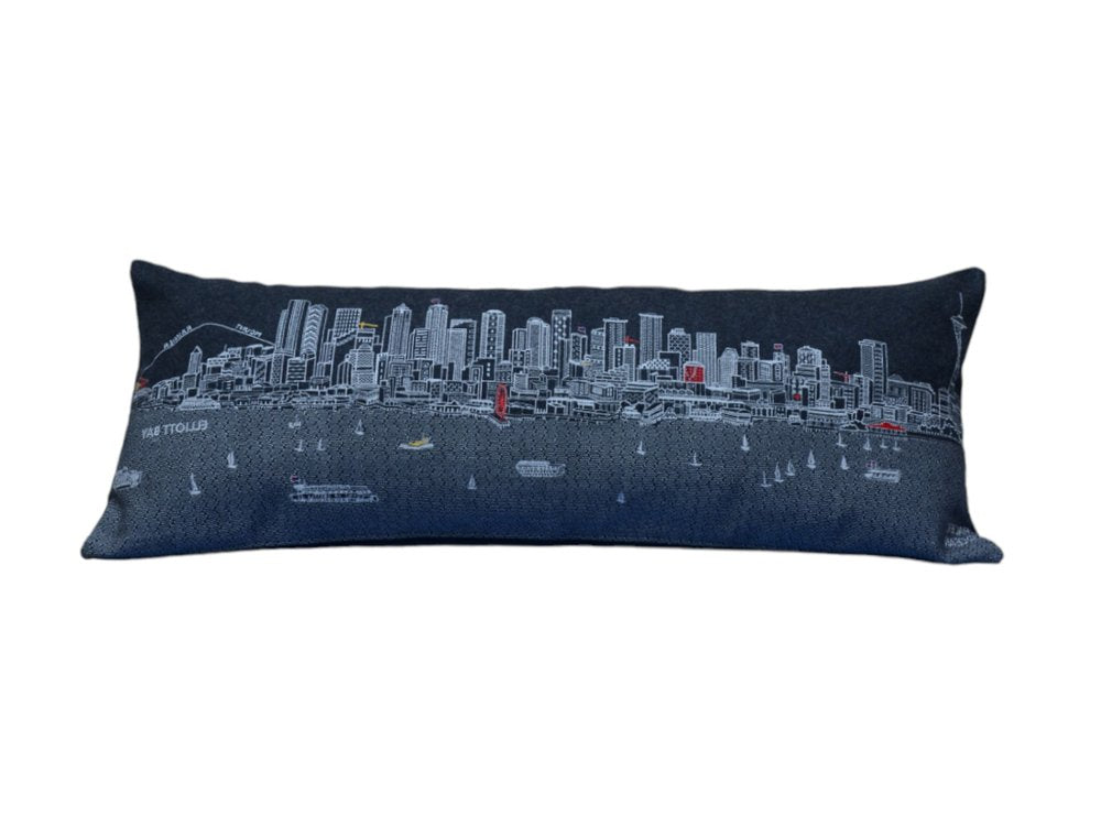 14" X 35" Dark Gray And White Seattle Nighttime Skyline Lumbar Decorative Pillow
