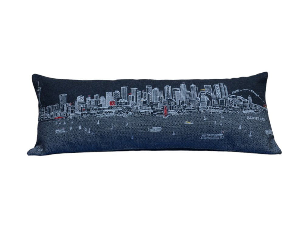 14" X 35" Dark Gray And White Seattle Nighttime Skyline Lumbar Decorative Pillow