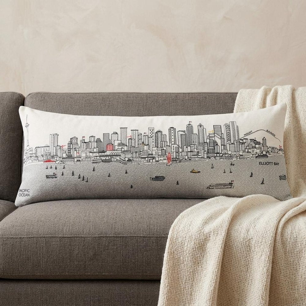 14" X 35" Cream Seattle Daylight Skyline Lumbar Decorative Pillow