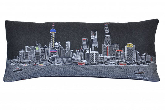 14" X 35" Dark Gray And White Shanghai Nighttime Skyline Lumbar Decorative Pillow