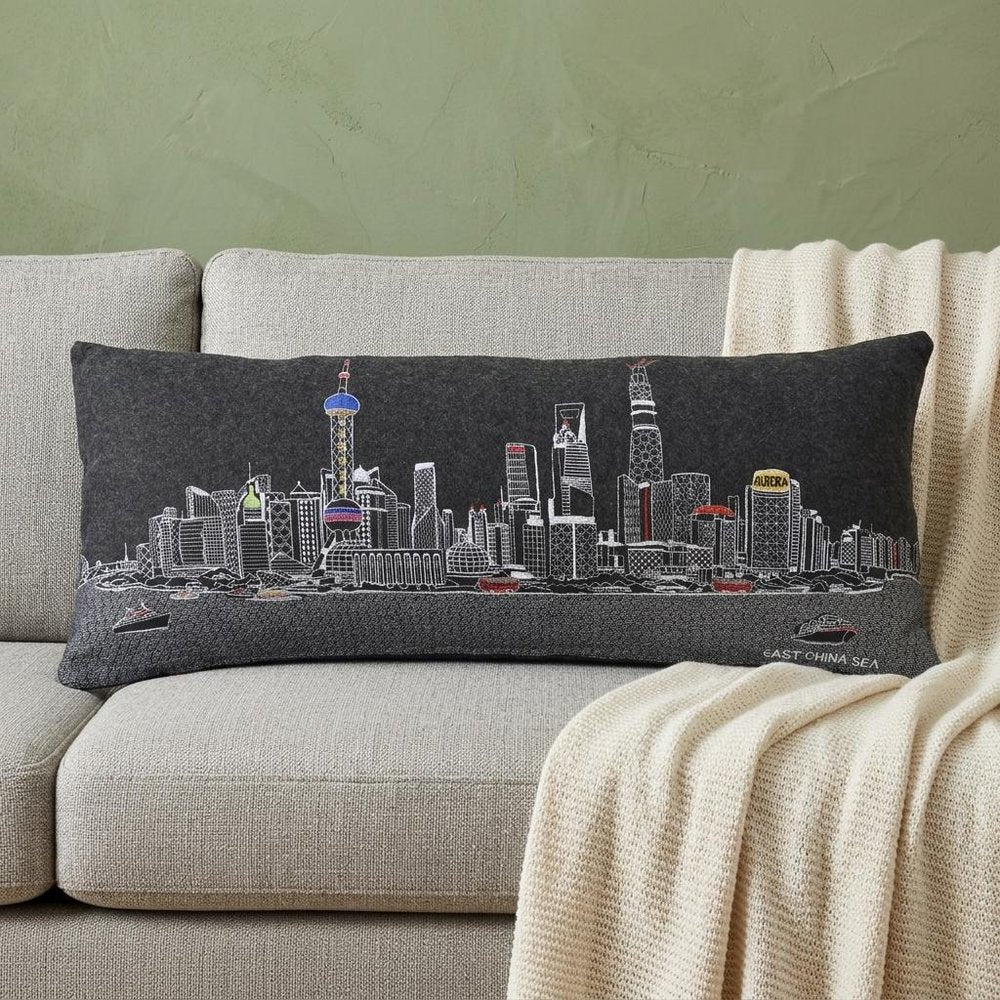 14" X 35" Dark Gray And White Shanghai Nighttime Skyline Lumbar Decorative Pillow