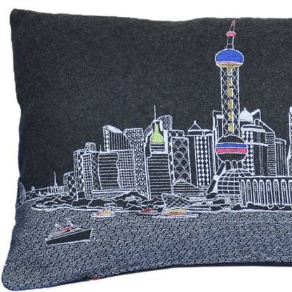 14" X 35" Dark Gray And White Shanghai Nighttime Skyline Lumbar Decorative Pillow